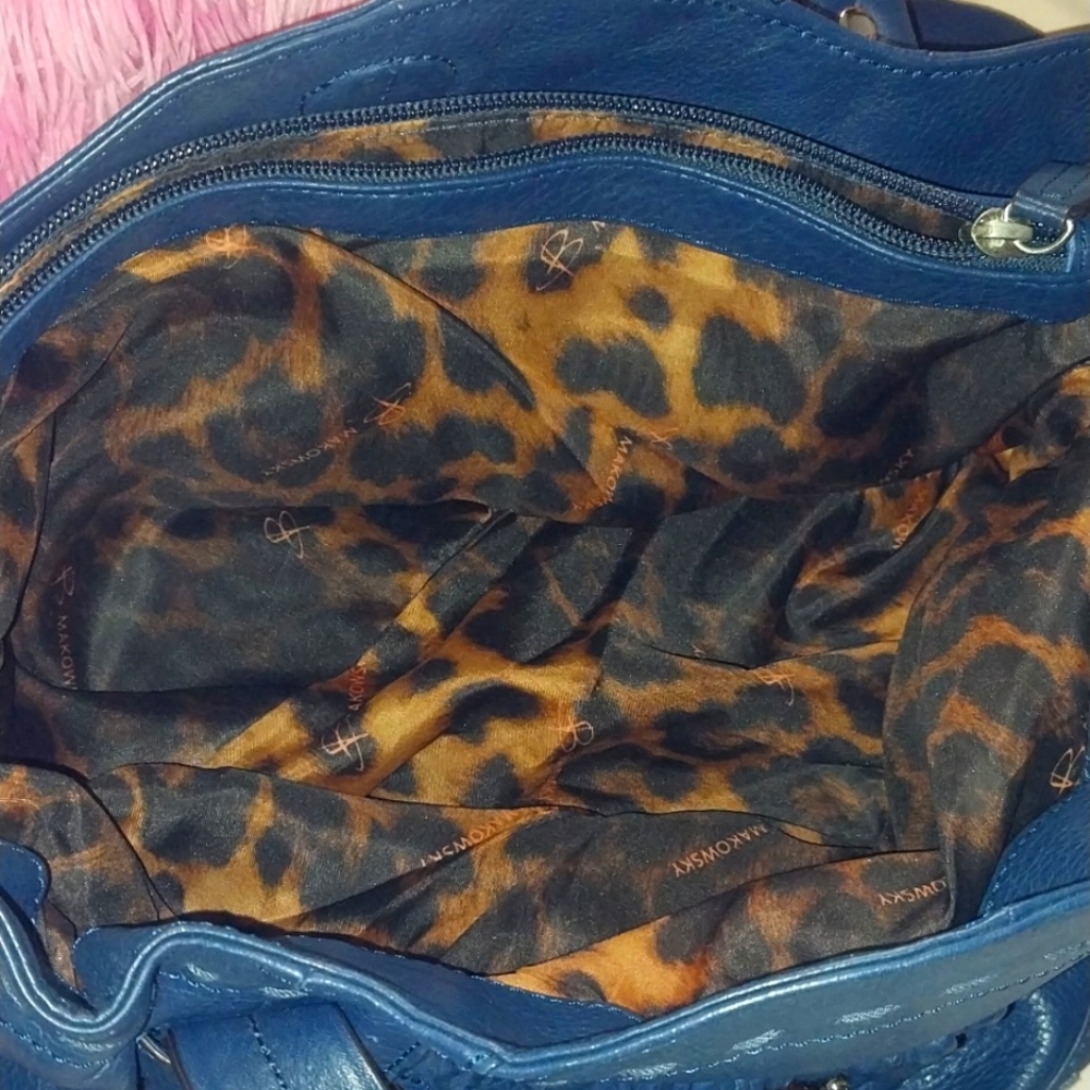 B Makowski Vintage Hobo Cinched Bucket Large Shoulder Bag Navy Calf Leather - Picture 6 of 7
